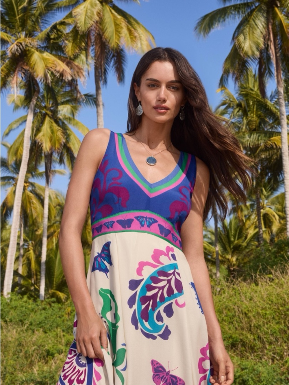 Johnny Was Cream Maxi Dress with Blue, Purple and Pink Accents